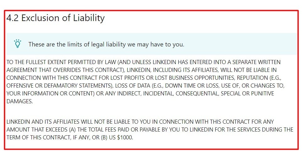 LinkedIn User Agreement: Exclusion of Liability clause