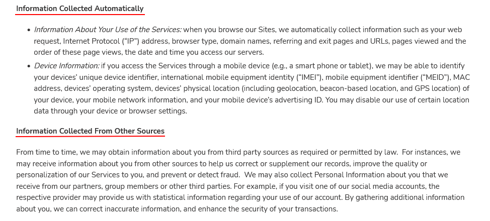 Little Tikes Privacy Policy: Information Collected Automatically and Information Collected From Other sources clauses