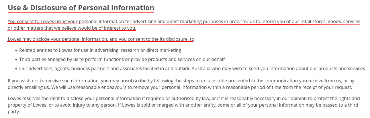 Lowes Menswear Privacy Policy: Use and Disclosure of Personal Information clause excerpt