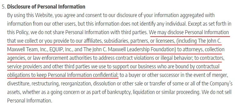 Maxwell Leadership Privacy Policy: DIsclosure of Personal Information clause