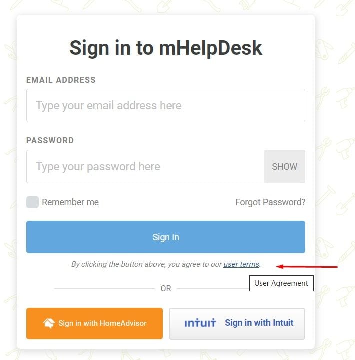 mHelpDesk account sign-in form with user terms link highlighted