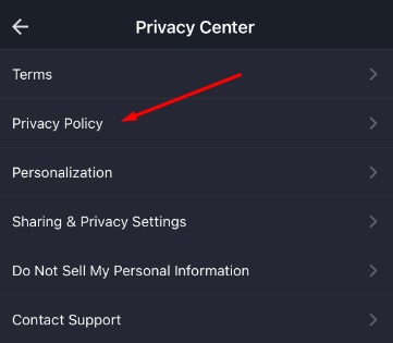 MyFitnessPal mobile app Privacy Center menu with Privacy Policy link highlighted