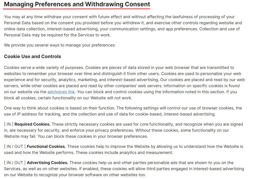 MyFitnessPal Privacy Policy: Managing Preferences and Withdrawing Consent clause excerpt