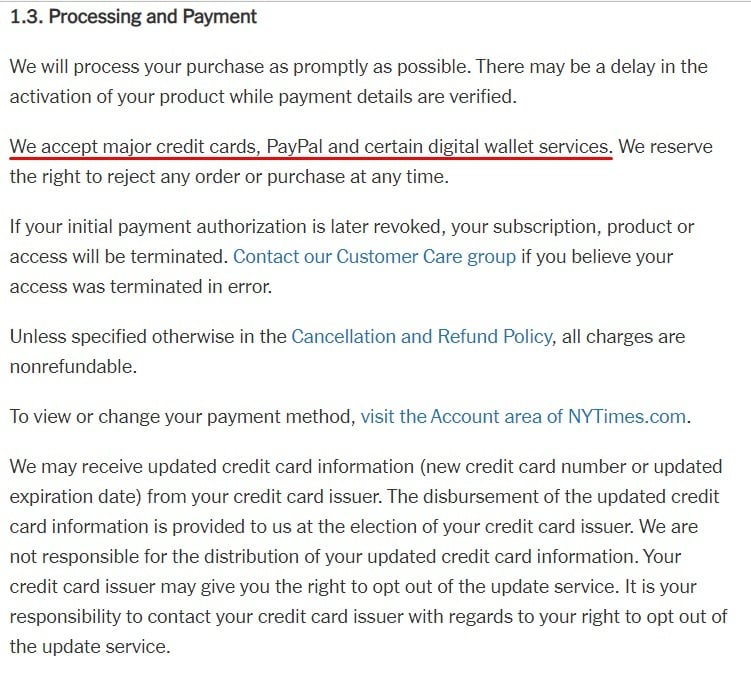 New York Times Terms of Sale: Processing and Payment clause