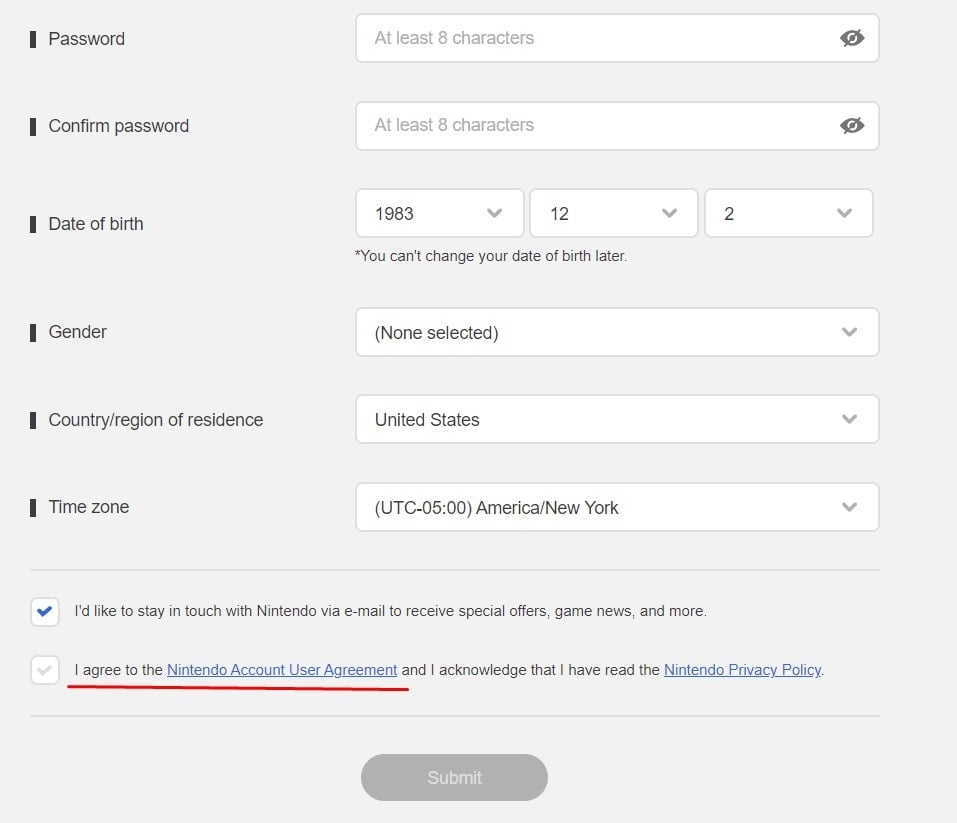 Nintendo account creation form with Agree to User Agreement checkbox highlighted