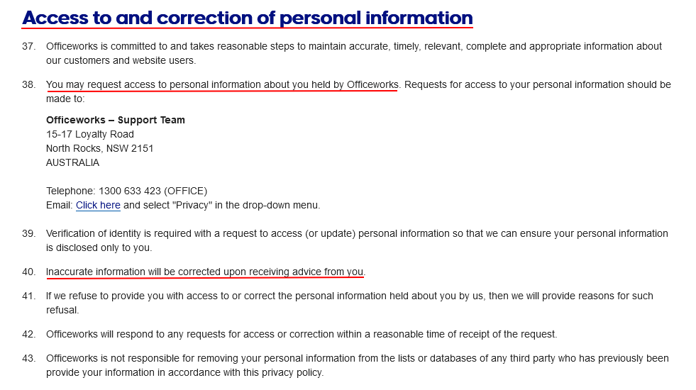 Officeworks Privacy Policy: Access to and Correction of Personal Information clause