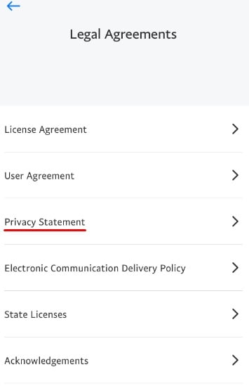 PayPal app Legal Agreements screen with Privacy Statement link highlighted