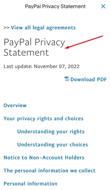 PayPal app Privacy Statement excerpt