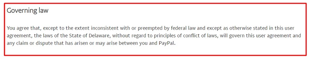 PayPal User Agreement: Governing law clause