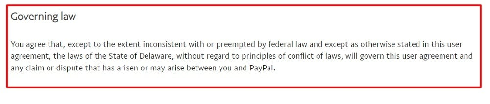 PayPal User Agreement: Governing law clause