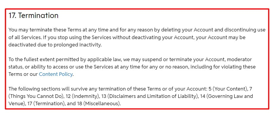 Reddit User Agreement: Termination clause