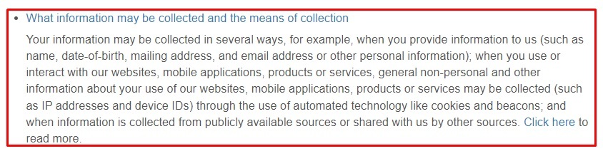 S C Johnson Privacy Notice: What information may be collected and how clause