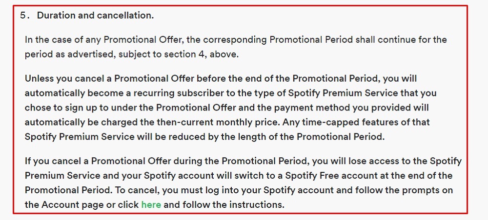 Spotify Premium Promotional Offer Terms: Duration and Cancellation clause