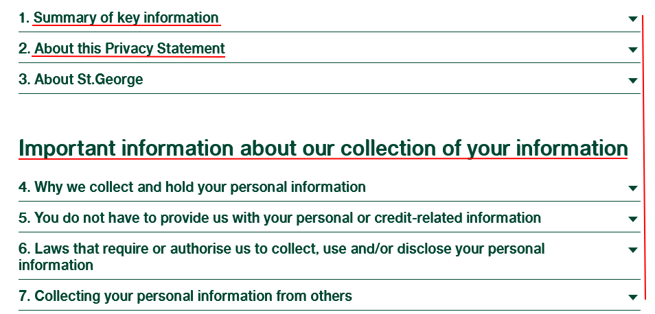 St George Bank Privacy Statement summary page menus excerpt