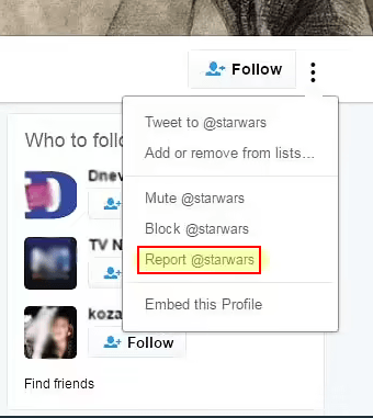 Starwars Twitter account menu with Report option highlighted