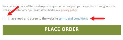 Succulents and Sunshine order form with Agree to Terms and Conditions checkbox and link highlighted