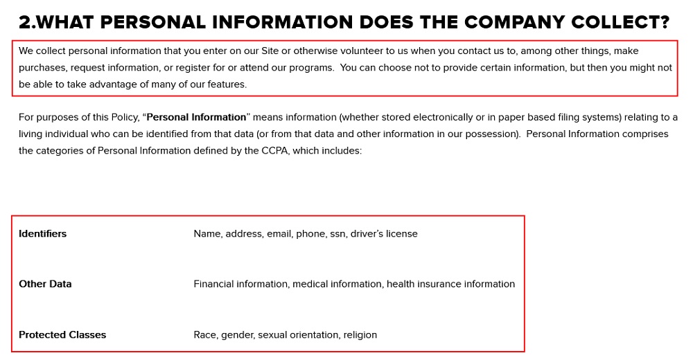 Tony Robbins Privacy Policy: What Personal Information Does the Company Collect clause excerpt