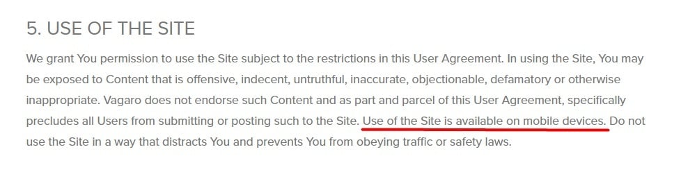 Vagaro User Agreement: Use of this Site clause - Mobile device section