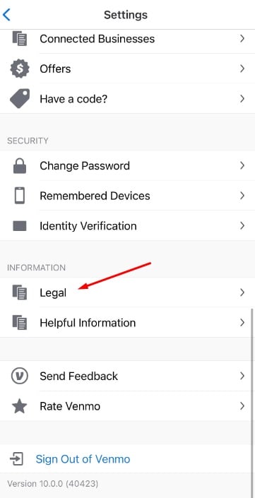 Venmo app Settings menu with Legal link highlighted