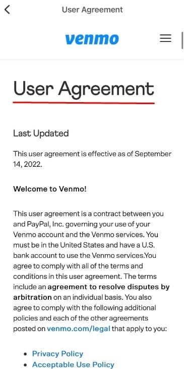 Venmo app User Agreement intro section