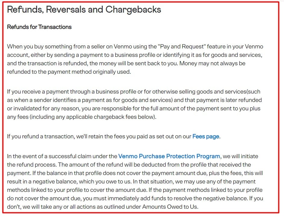 Venmo User Agreement: Refunds Reversals and Chargebacks clause