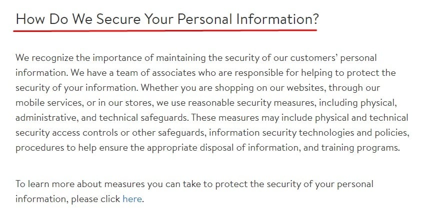 Walmart Privacy Policy: How Do We Secure Your Personal Information clause