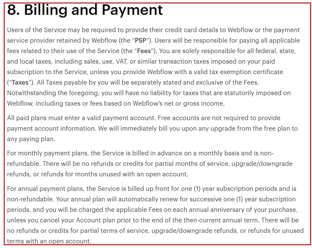 Webflow Terms of Service: Billing and Payment clause