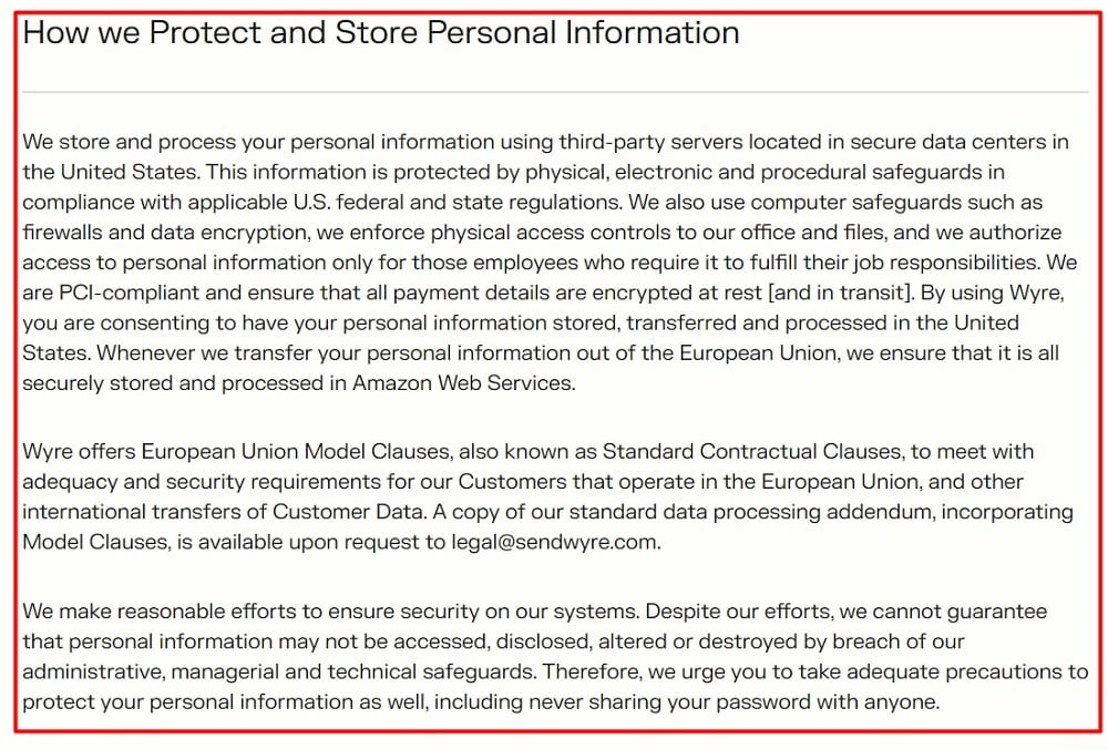 Wyre Privacy Policy: How we Protect and Store Personal Information clause