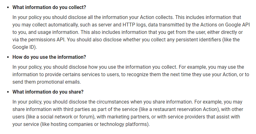 Actions on Google Privacy Policy Guidance: What information to include in Privacy Policy