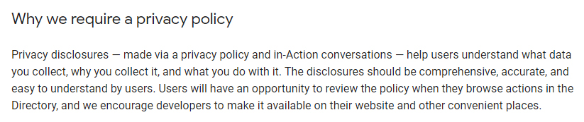Actions on Google Privacy Policy Guidance: Why we require a Privacy Policy section