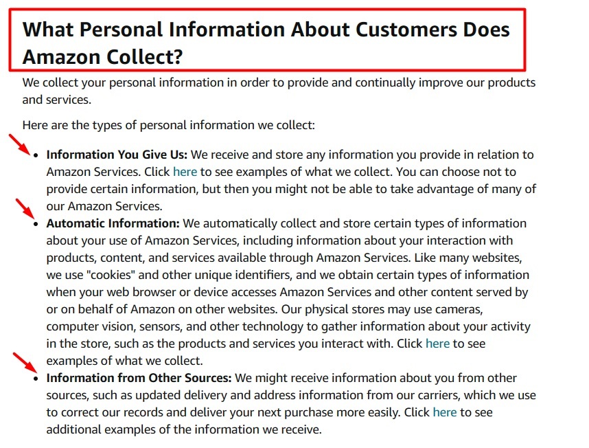 Amazon Privacy Notice: What Personal Information About Customers Does Amazon Collect clause