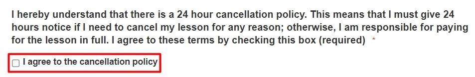 Andrew Byrne new students form with 'I agree to the cancellation policy' checkbox highlighted