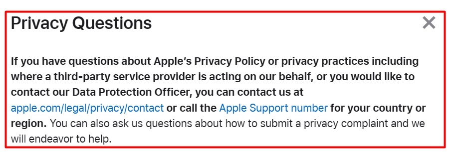 Apple Privacy Policy: Privacy Questions clause