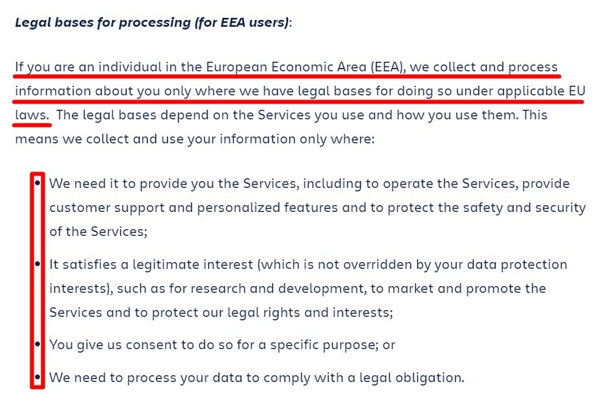 Atlassian Privacy Policy: Legal bases for processing for EEA users clause