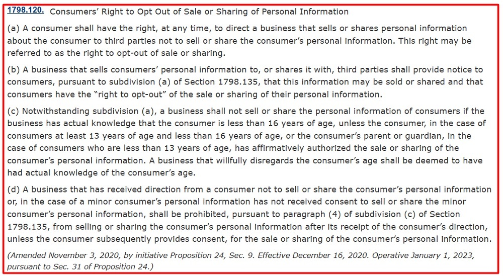 California Legislative Information: CCPA Section 1798 120 - Consumers Rights to Opt Out of Sale or Sharing of Personal Information