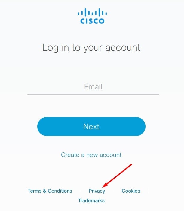 Cisco Account Login form with Privacy link highlighted