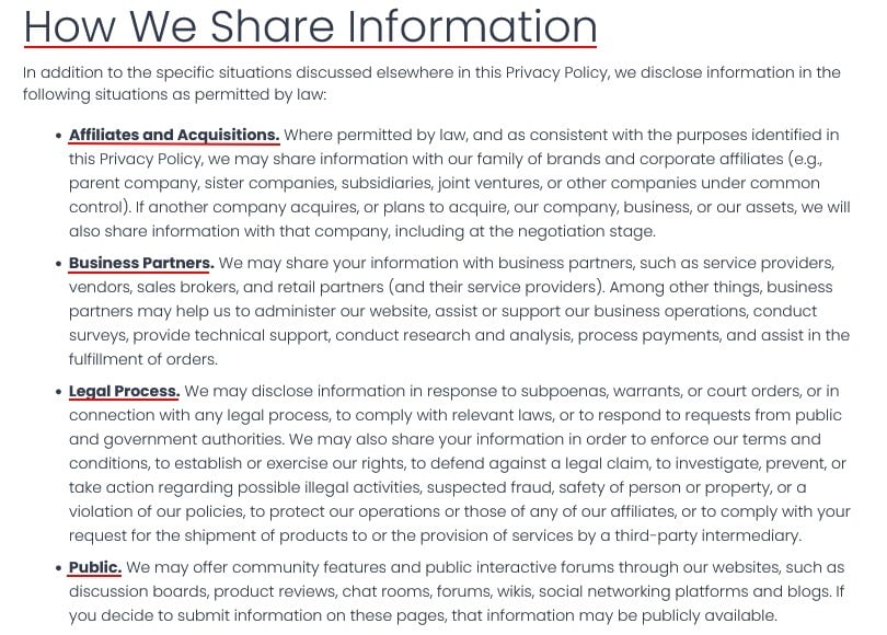 Clorox Privacy Policy:  How We Share Information clause excerpt