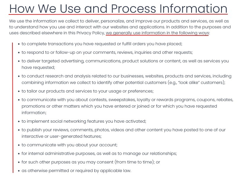 Clorox Privacy Policy:  How We Use and Process Information clause excerpt