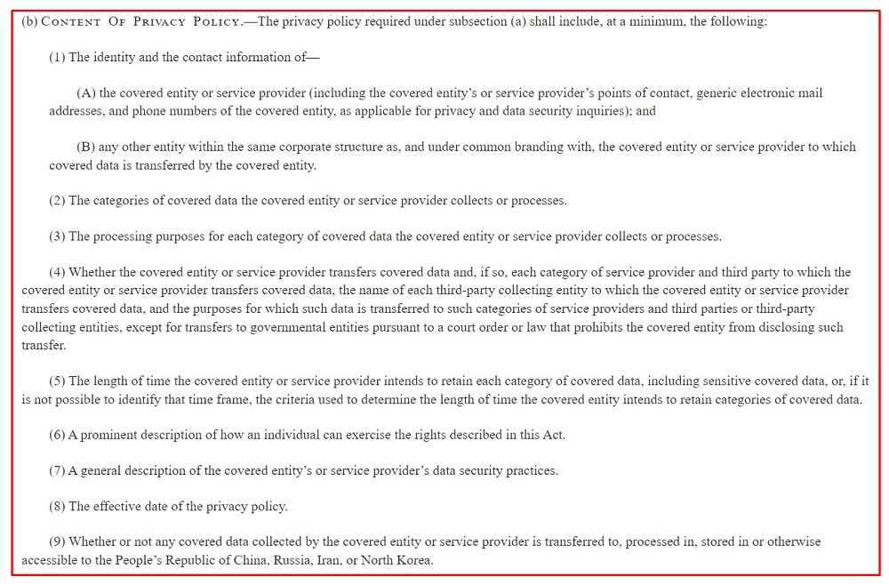 Congress Gov ADPPA text: Content of Privacy Policy section
