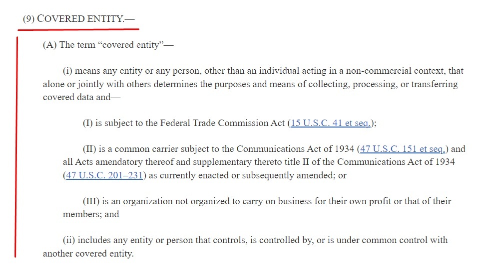 Congress Gov ADPPA text: Definition of Covered Entity