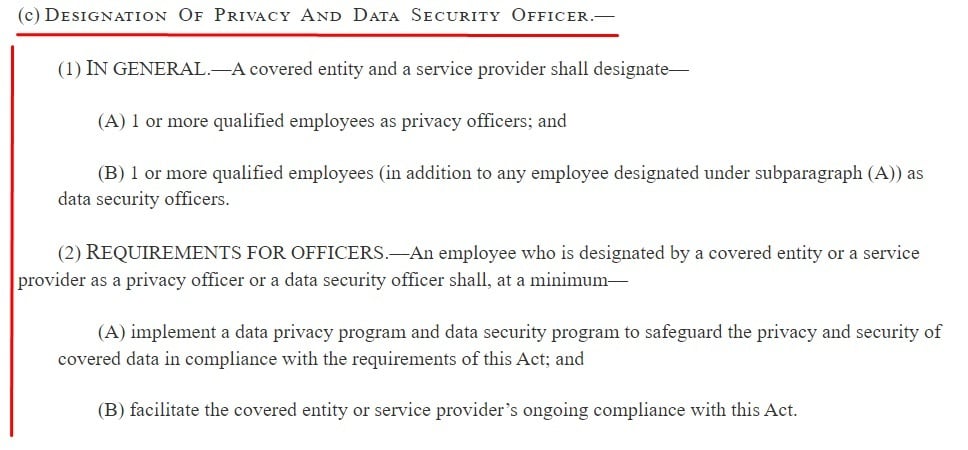 Congress Gov ADPPA text: Designation of Privacy and Data Security Officer section