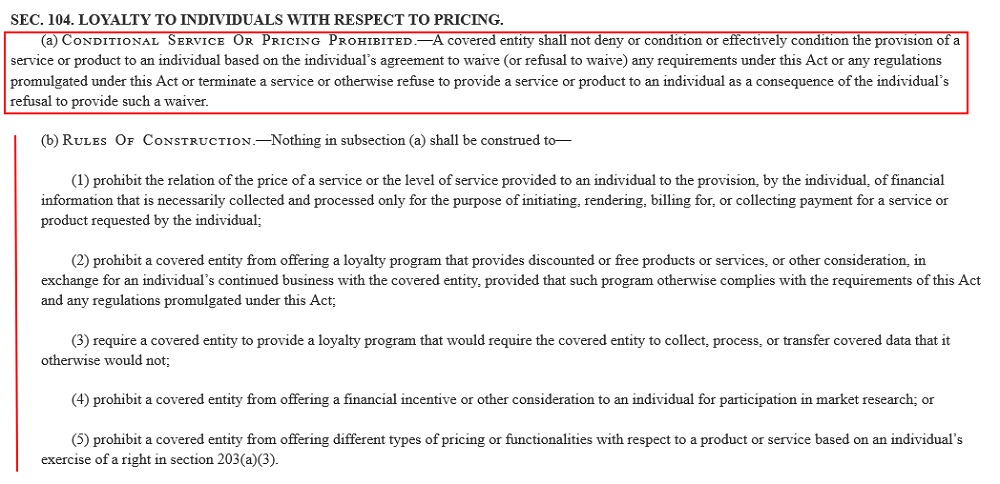 Congress Gov ADPPA text: Loyalty to Individuals With Respect to Pricing section