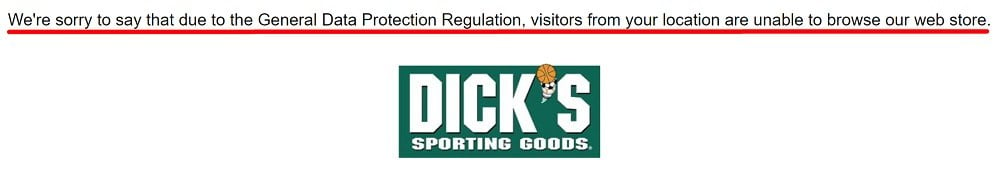 Dick's Sporting Goods: GDPR notification of being unable to access the site