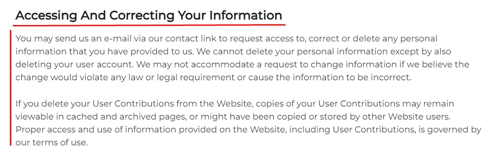 Earthley Privacy Policy: Accessing and Correcting Your Information clause