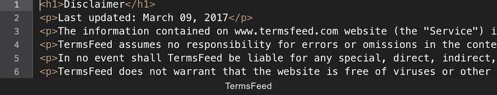 Example of a generated Disclaimer in HTML format