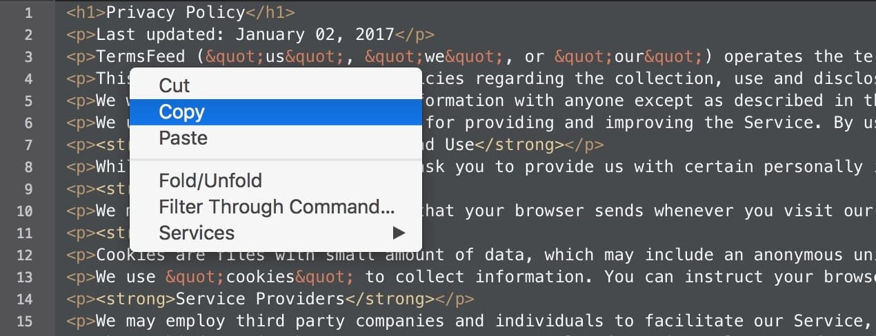 Right-click then Copy option selected to copy the HTML of the generated Privacy Policy
