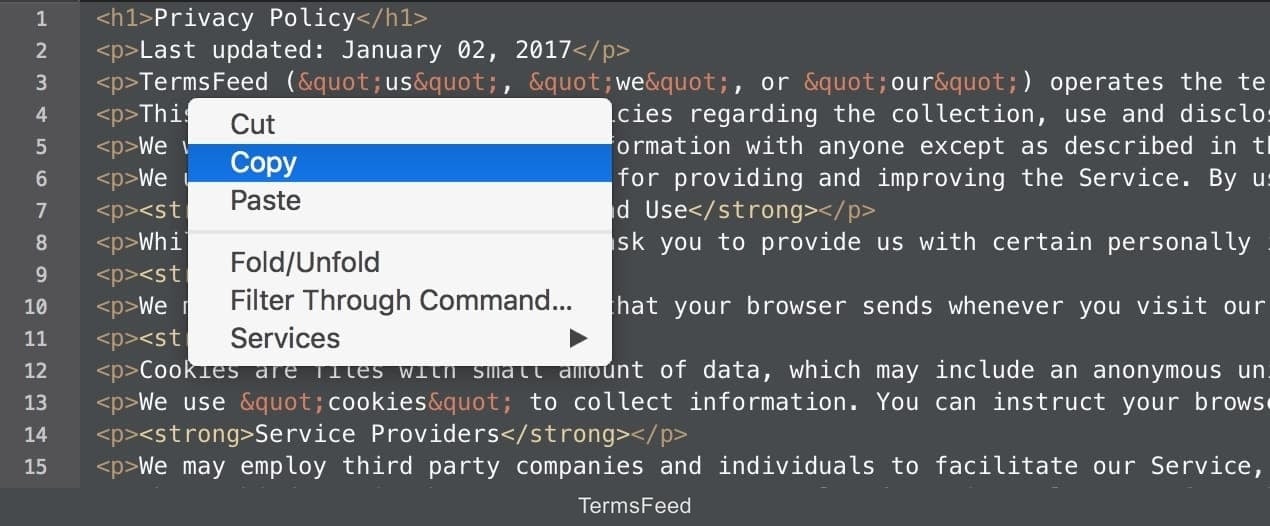 Right-click then Copy option selected to copy the HTML of the generated Privacy Policy