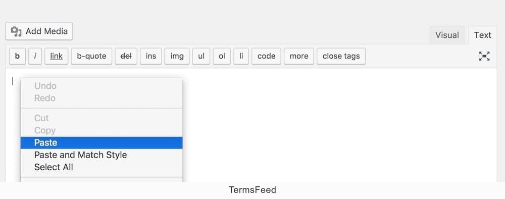 Example of the Right-click then Paste option selected to paste the agreement on WordPress