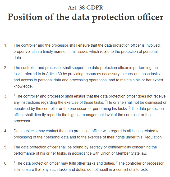 GDPR Info: Article 38 - Position of the Data Protection Officer