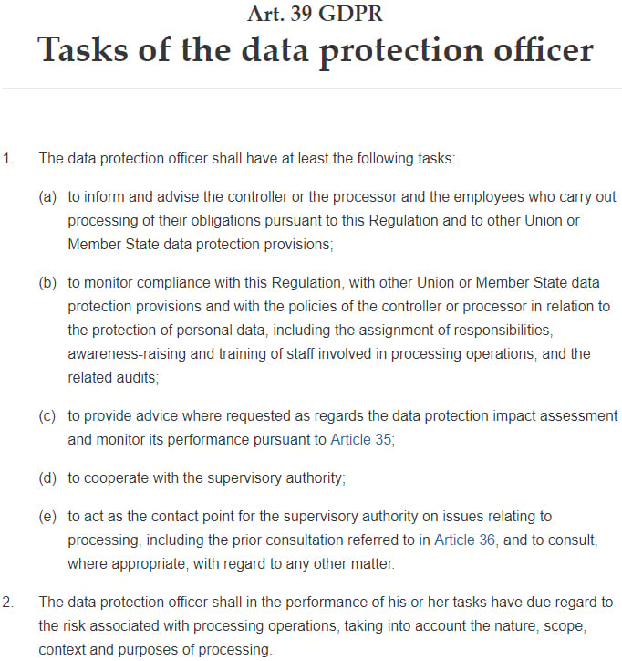 GDPR Info: Article 39 - Tasks of the Data Protection Officer